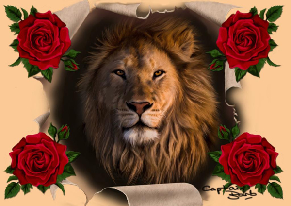 patriotic lion with red roses painting