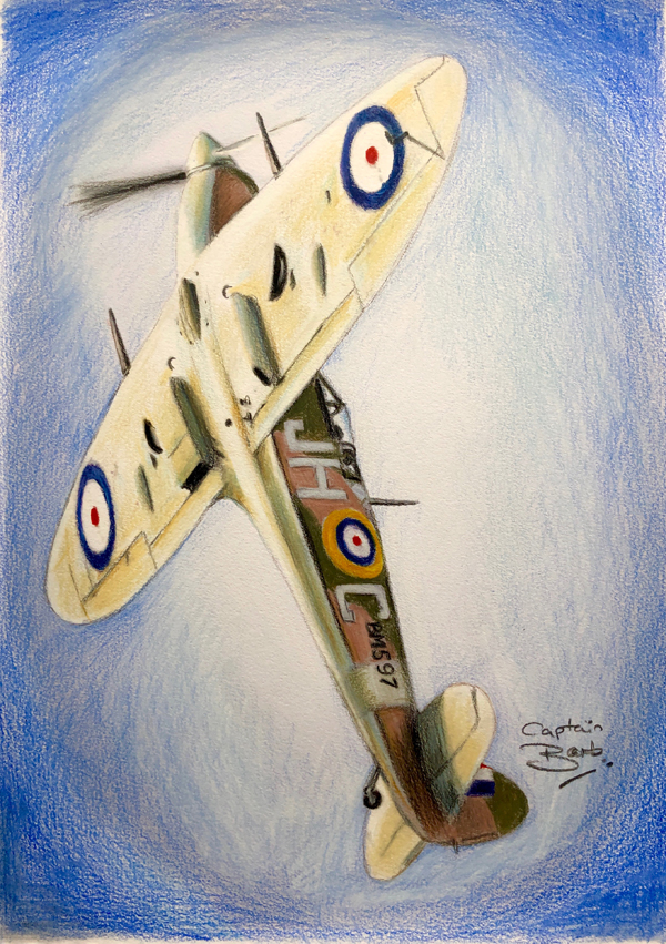 vertically flying Spitfire painting
